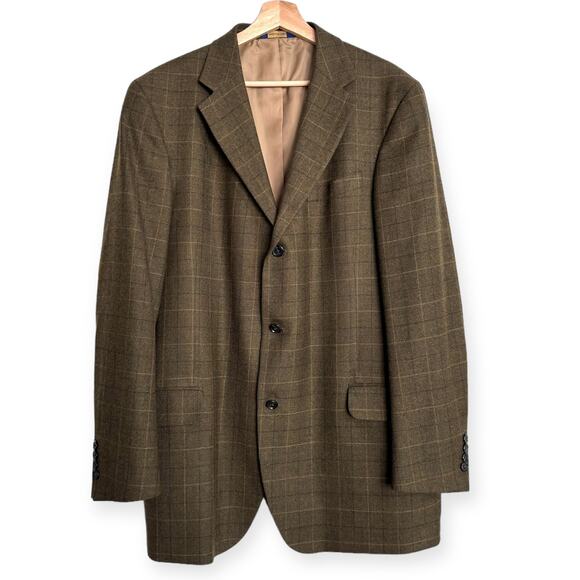 T. Harris London 100% Lambswool Brown Plaid Three Button Blazer Men's Size 44L - Picture 1 of 13